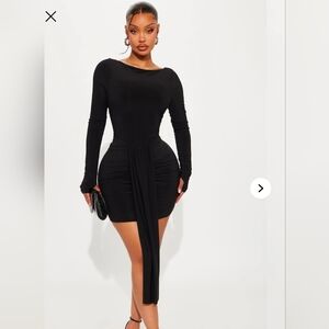 Fashion Nova Black Long-Sleeve Ruched Front-Tie Mini Dress